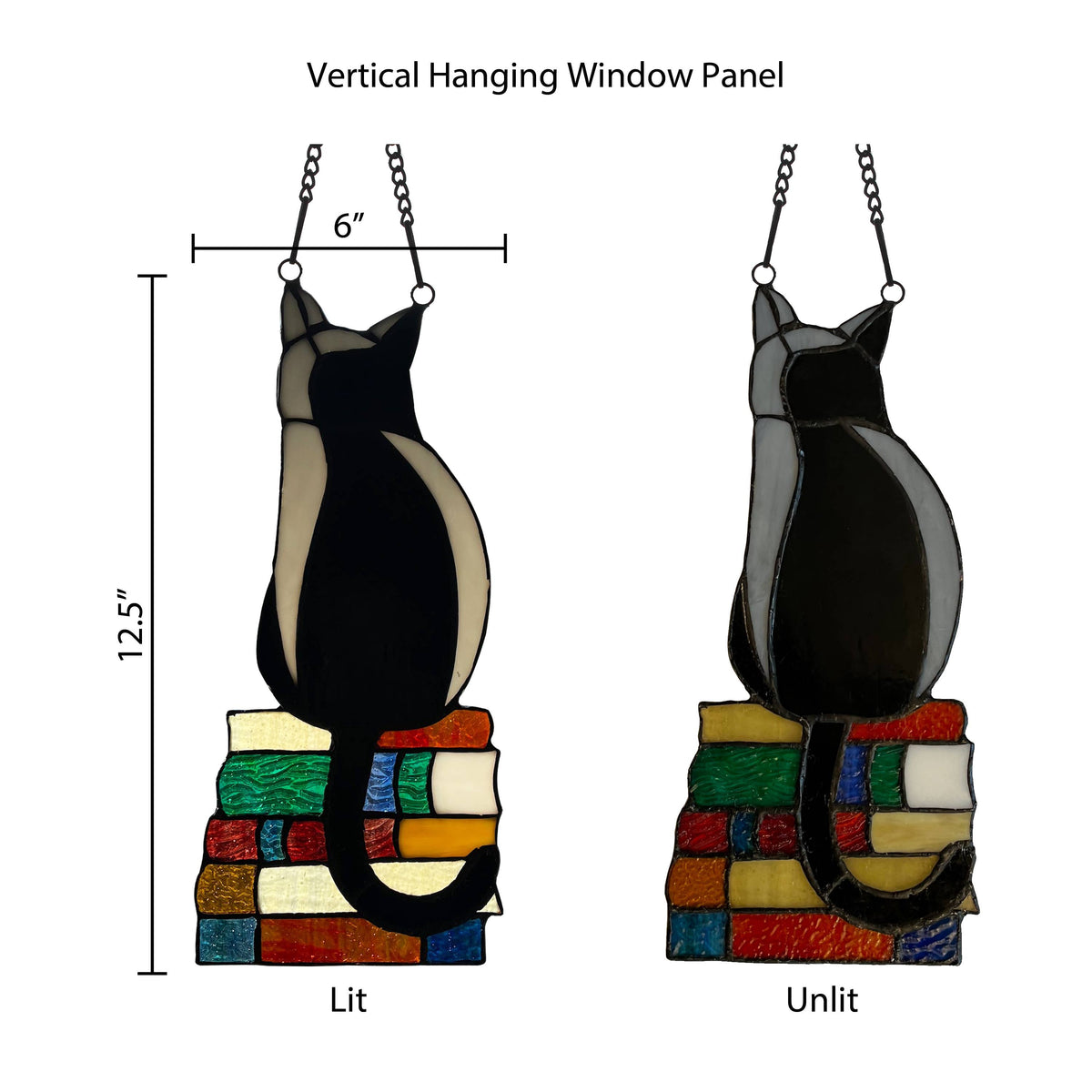 Kate Black Library Cat Stained Glass Window Panel