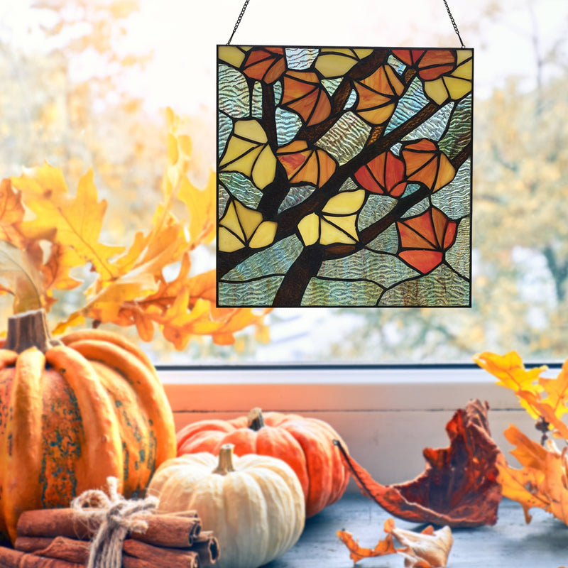 Orange Leaves in Autumn Stained Glass Window Panel