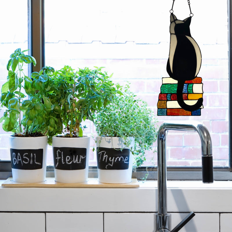 Kate Black Library Cat Stained Glass Window Panel