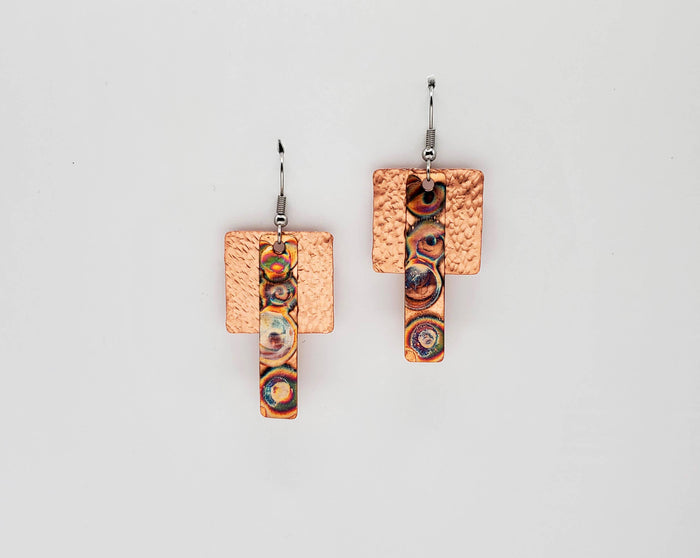 Flame Paint Copper 
Long Rectangle Layered Earrings