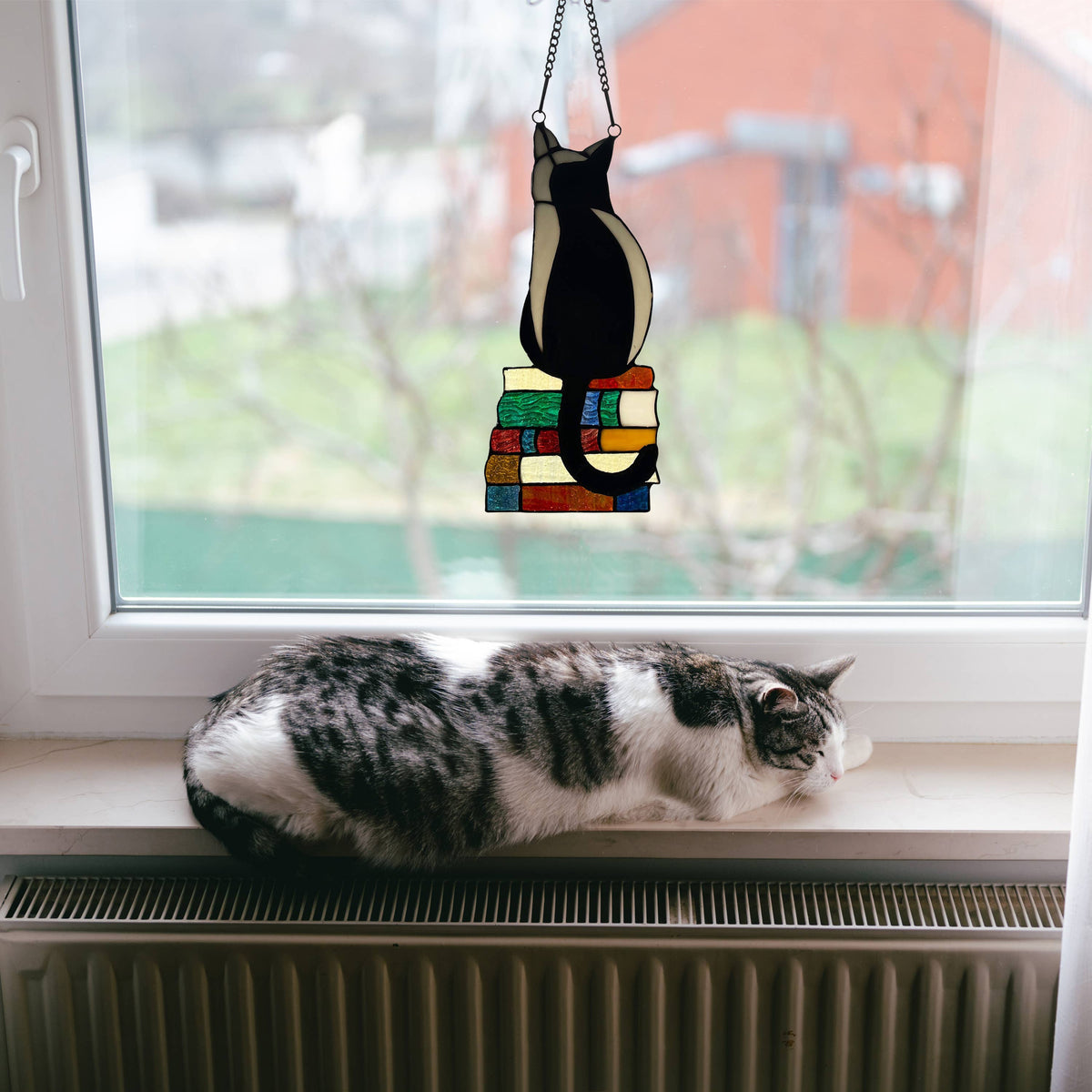 Kate Black Library Cat Stained Glass Window Panel