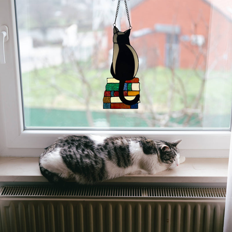 Kate Black Library Cat Stained Glass Window Panel