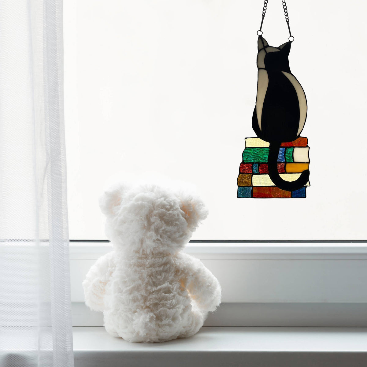 Kate Black Library Cat Stained Glass Window Panel