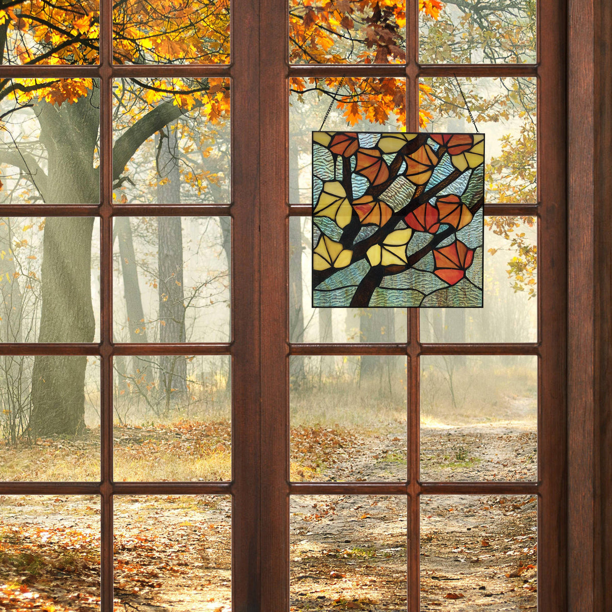 Orange Leaves in Autumn Stained Glass Window Panel