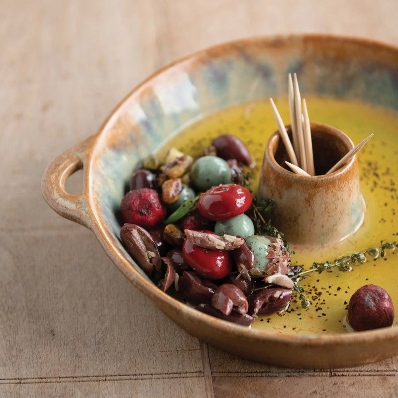 Glazed Stoneware Dish with Toothpick Holder