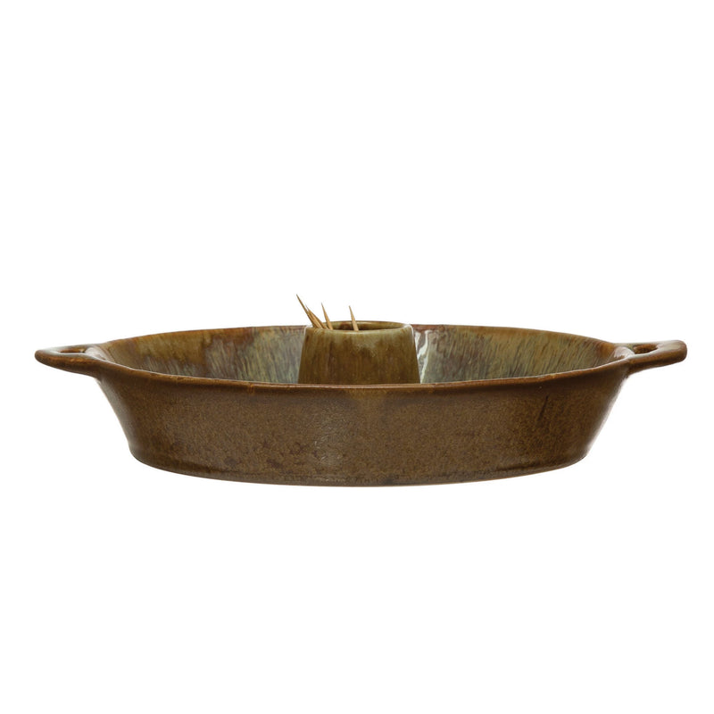 Glazed Stoneware Dish with Toothpick Holder