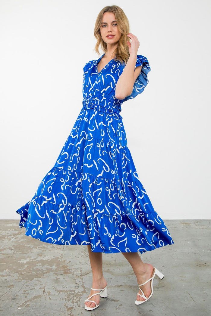 Evelyn Flutter Sleeve Tiered Maxi Dress in Celedon Blue