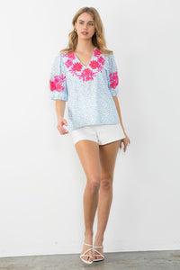 Isabella Puff Sleeve Floral Embroidered Top in Blue
