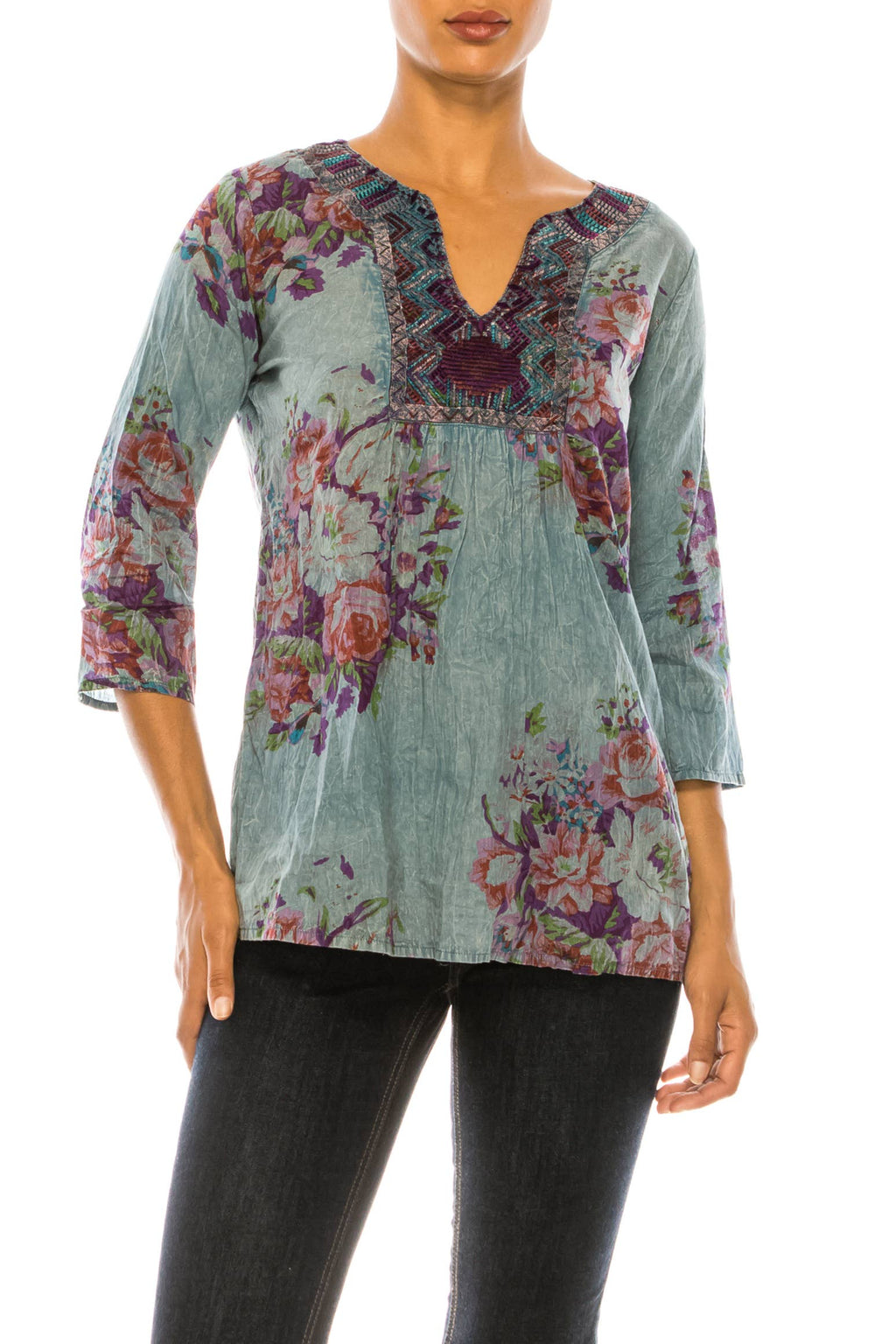 Vintage Gray Floral Tunic with Embroidery