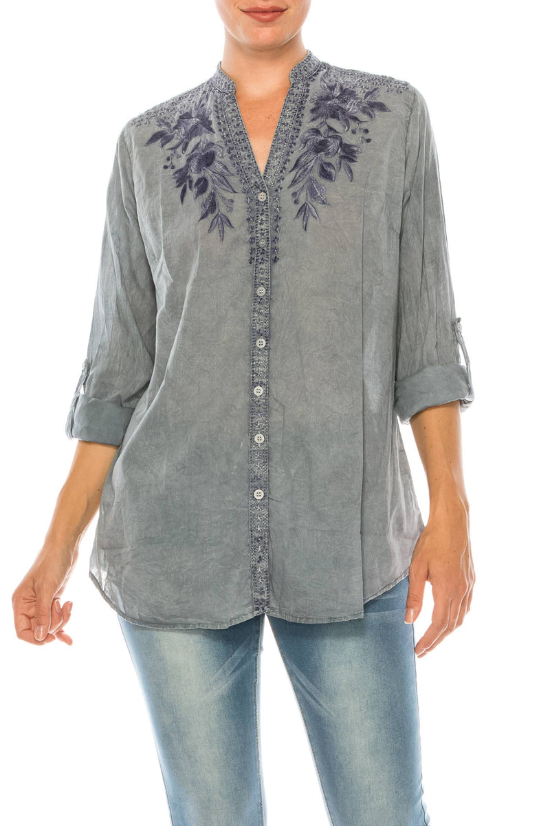 Vintage Button-Down Tunic with Embroidery