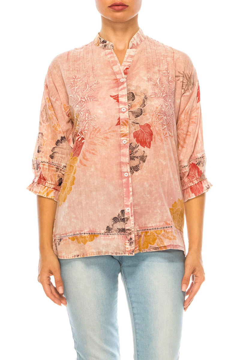 Vintage Floral Button Down Tunic with Embroidery and Lace
