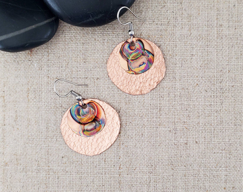 Flame Paint Copper Small Circle Layered Earrings