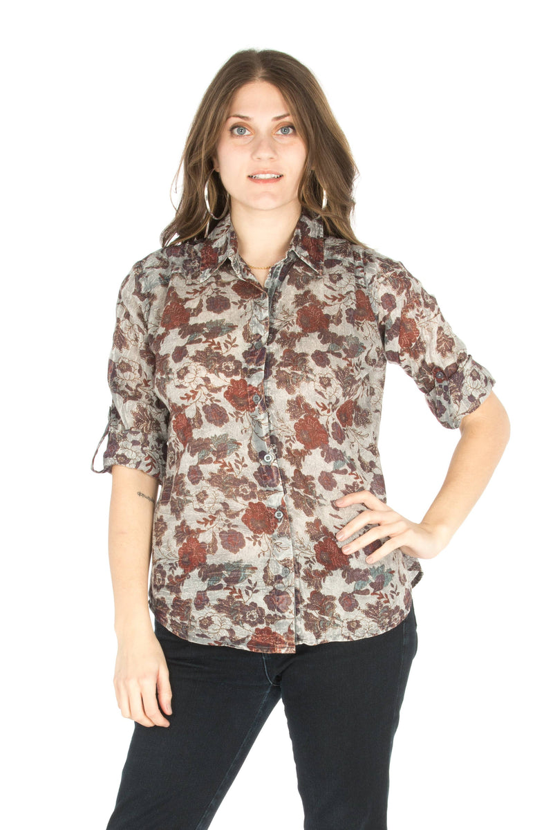 Floral Printed Button-Down Shirt with Vintage Wash