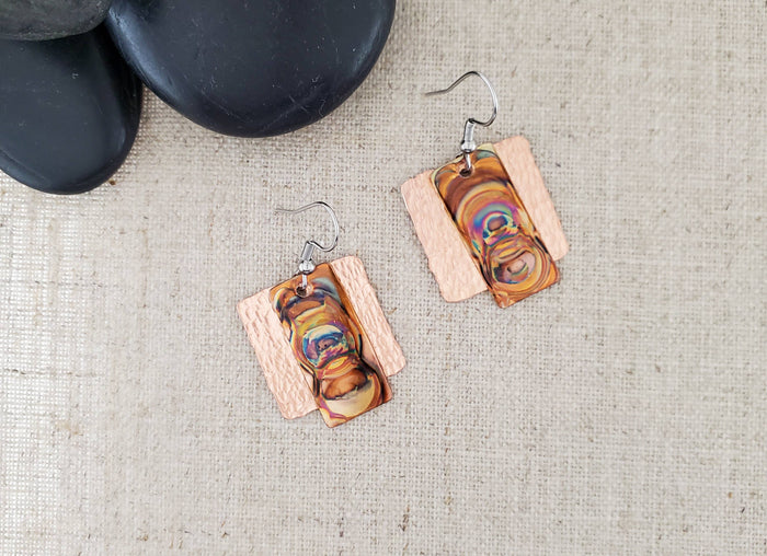 Flame Paint Copper Short Rectangle Layered Earrings
